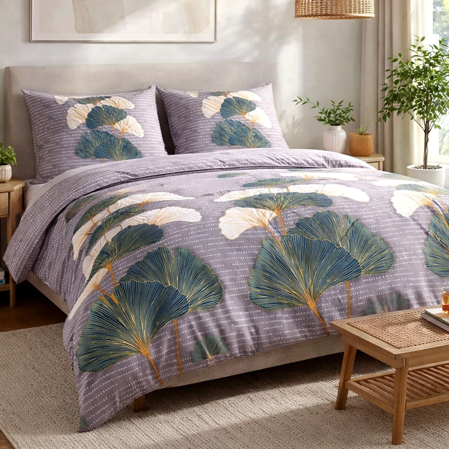 Pościel flanelowa 160x200 Solenne Dark szara, liście miłorzębu, Flanelove