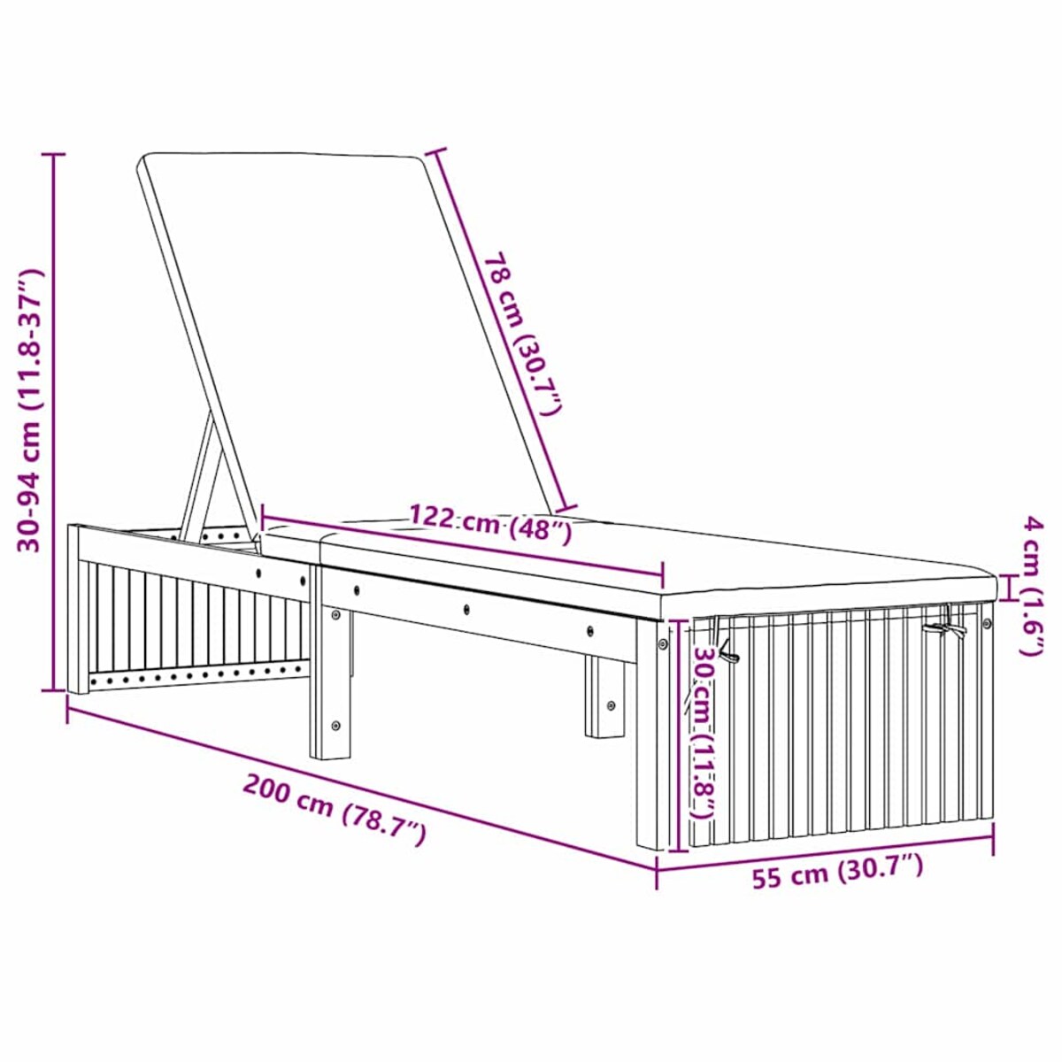 vidaXL Leżak z poduszką Brązowy 200 x 55 x 94cm Lite drewno akacjowe