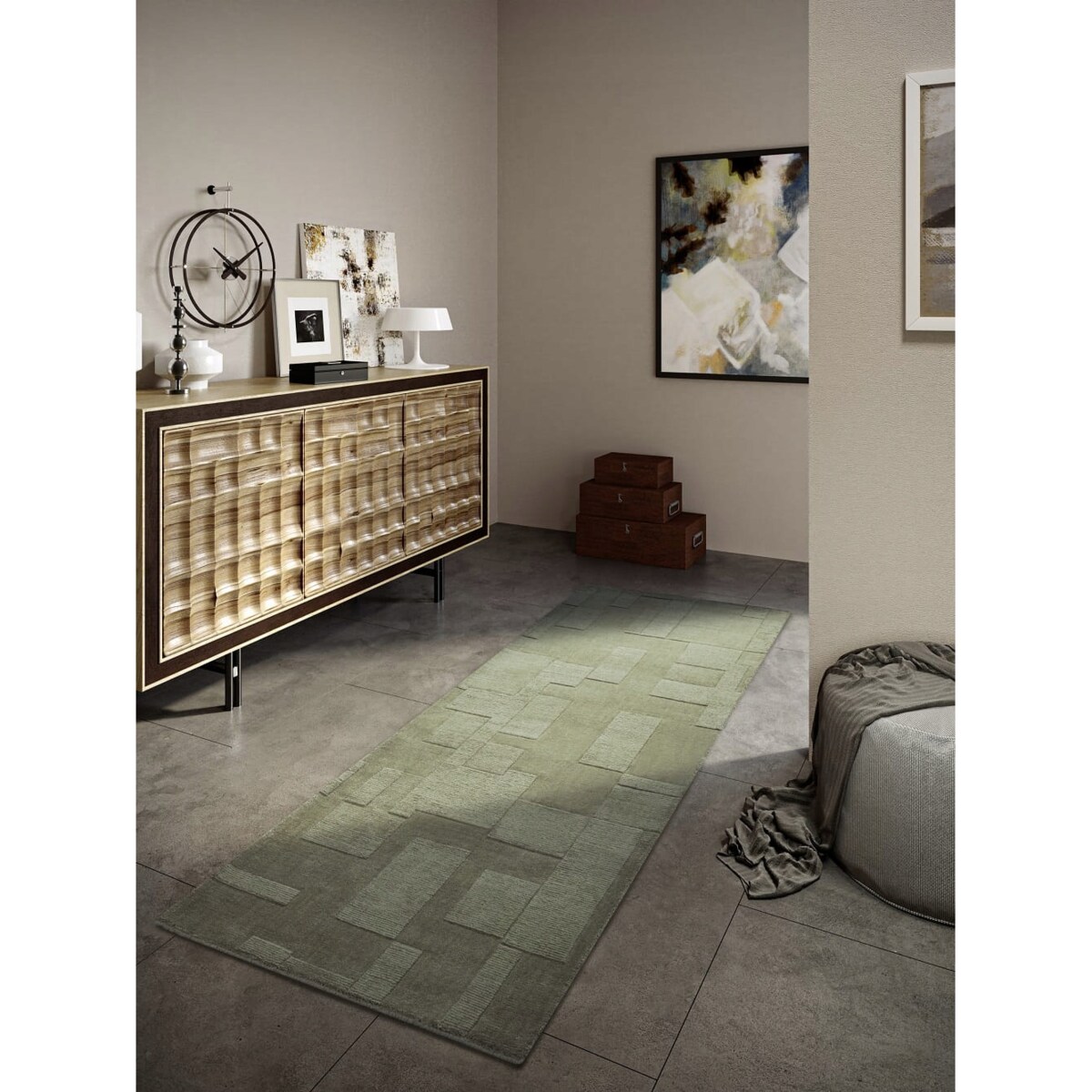 Chodnik wełniany do korytarza 80x250cm, zielony nowoczesny wzór 3D