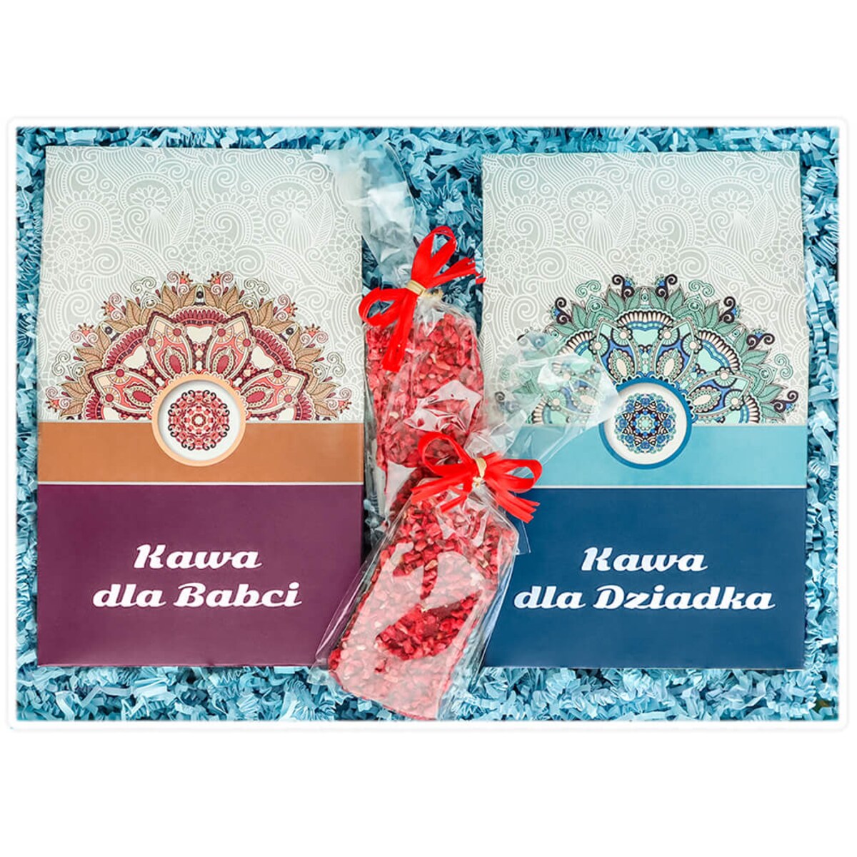 Gotowy zestaw prezentowy Box z kawą dla Babci i Dziadka kawa aromatyzowana mix różne smaki czekolada 2 szt. prezent upominek na Dzień Babci i Dziadka