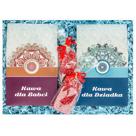 Gotowy zestaw prezentowy Box z kawą dla Babci i Dziadka kawa aromatyzowana mix różne smaki czekolada 2 szt. prezent upominek na Dzień Babci i Dziadka