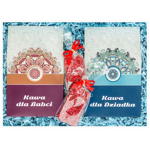 Gotowy zestaw prezentowy Box z kawą dla Babci i Dziadka kawa aromatyzowana mix różne smaki czekolada 2 szt. prezent upominek na Dzień Babci i Dziadka