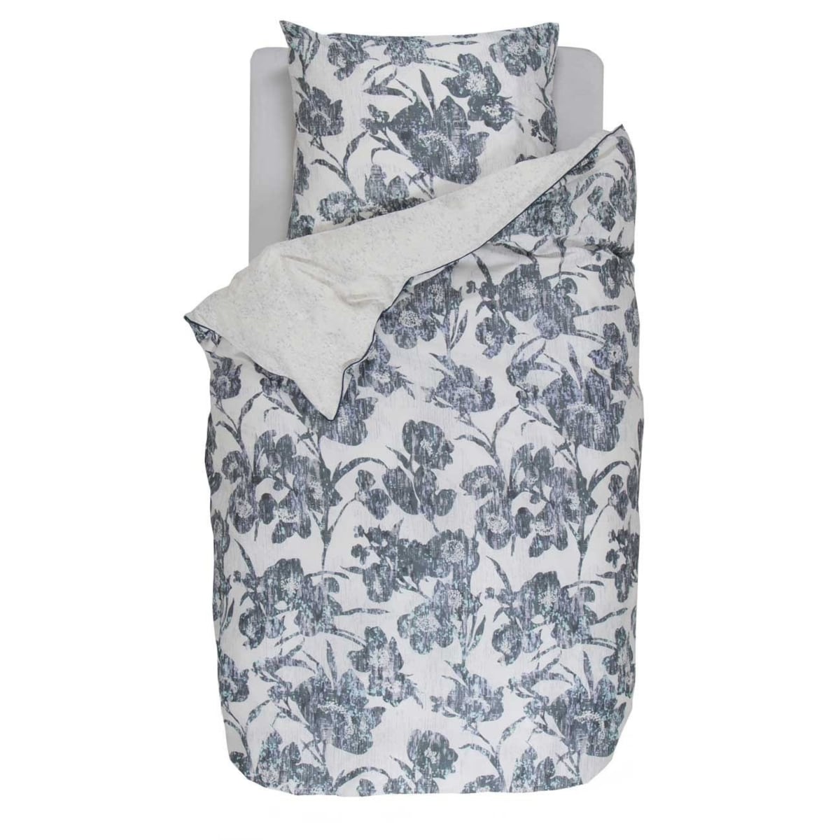 Ekskluzywna szara pościel z satyny bawełnianej w malowane niebieskie kwiaty, poszewki dekoracyjne, pościel w kwiaty, Esprit, 155 x 220 cm