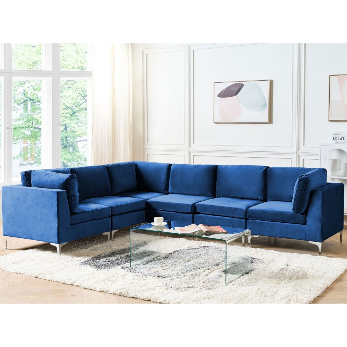Narożnik modułowy 6-osobowy welurowy prawostronny niebieski EVJA