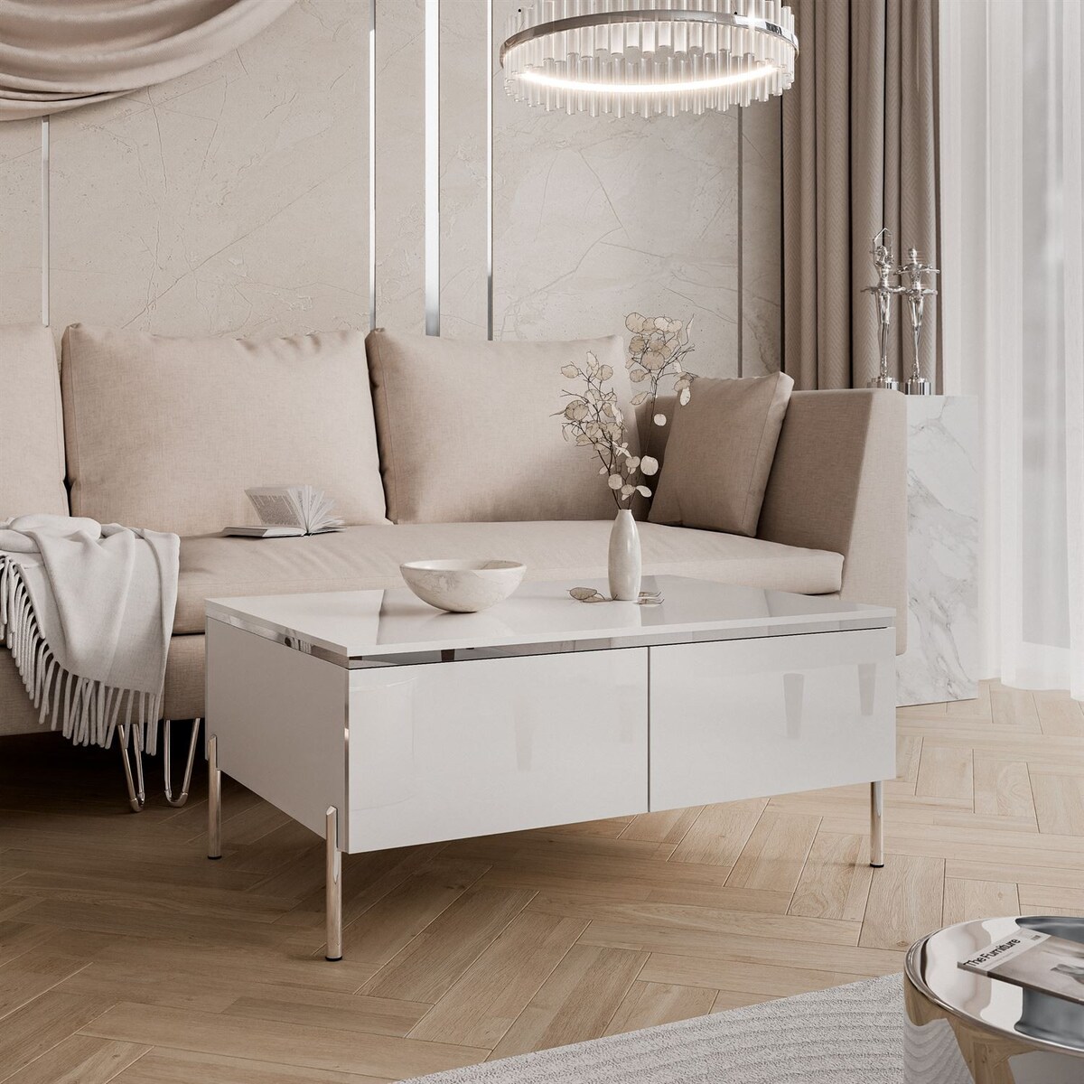 Ława AURORA SILVER ze schowkiem nogi proste chromowane