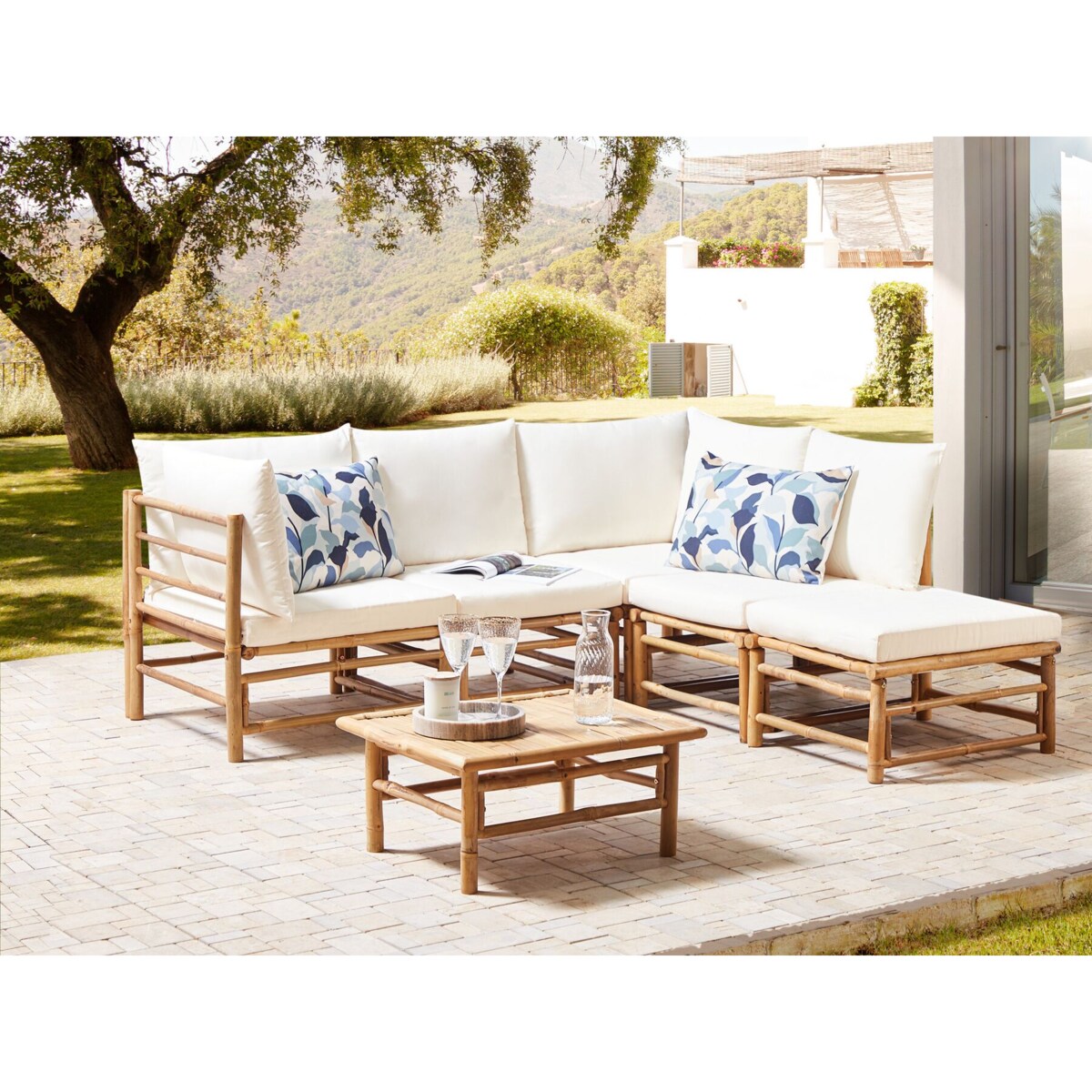 Zestaw ogrodowy narożny bambusowy 5-osobowy złamana biel CERRETO