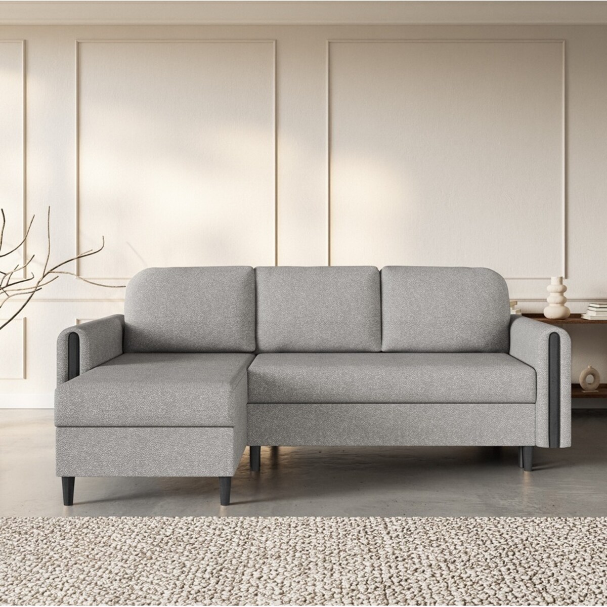 Designerski narożnik GALOS- szary- drewno wenge- lewostronny