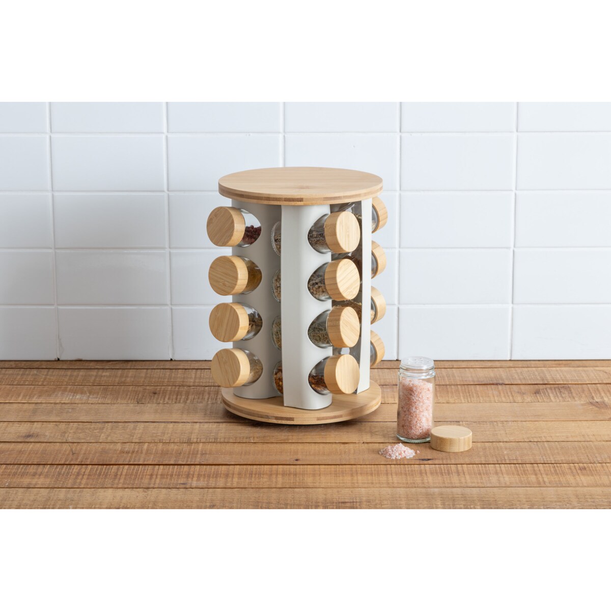 Obrotowy stojak na przyprawy SENSIA 13 słoików z bambusowymi zakrętkami