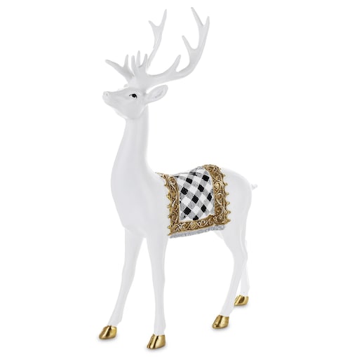 Figurka - stojący biały jeleń 44x25x9 cm BOLLERO-2 z czaprakiem w szachownicę