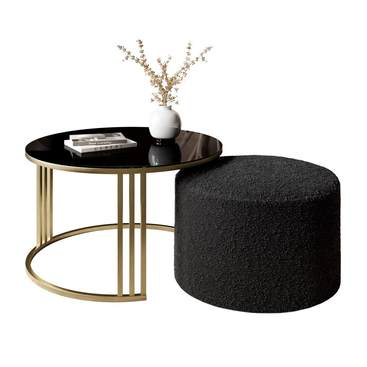 Stolik kawowy z pufą LORI GLASS złoto szczotkowane, czarne szkło / Coral 60