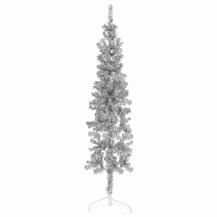 vidaXL Smukła choinka połówka ze stojakiem, sztuczna, srebrna, 150 cm