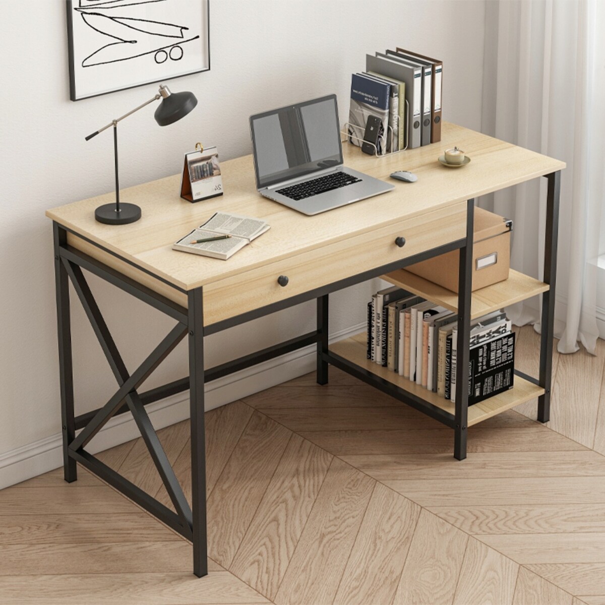 Biurko Komputerowe Loft Industrialne Szuflada Półki Jasny Dąb Skandynawski