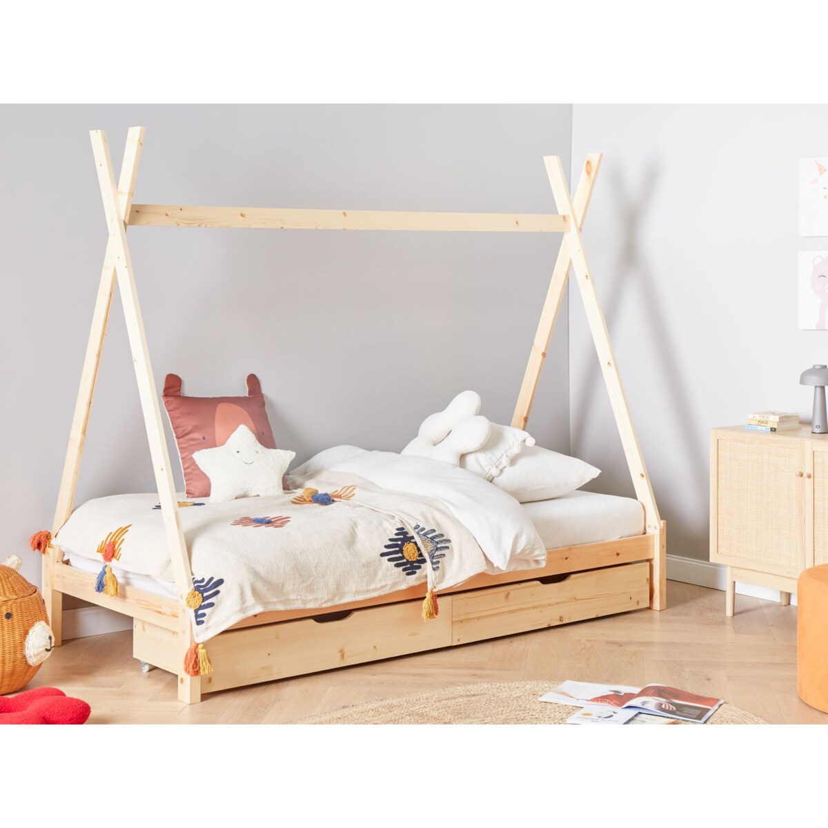 Łóżko z szufladami Drewno sosnowe DEVAY 90 x 200 cm Jasne drewno