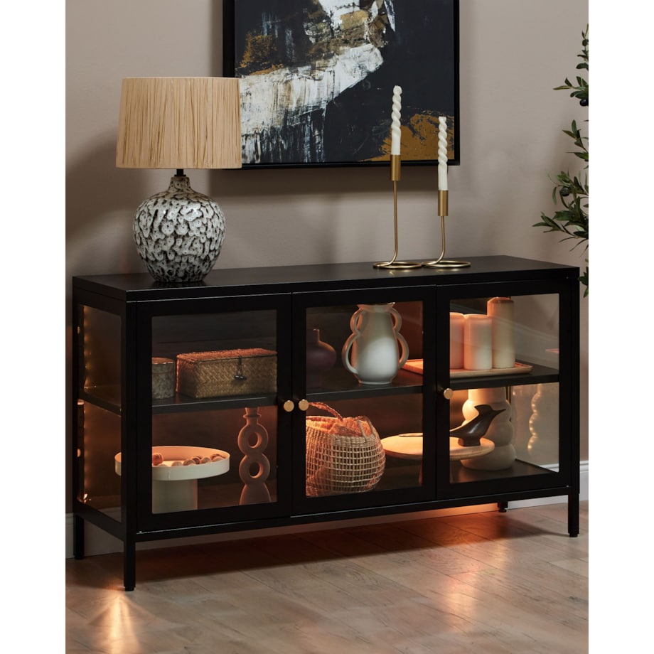 Szafka trzydrzwiowa LED metalowa ze szklaną gablotą czarna NEWPORT