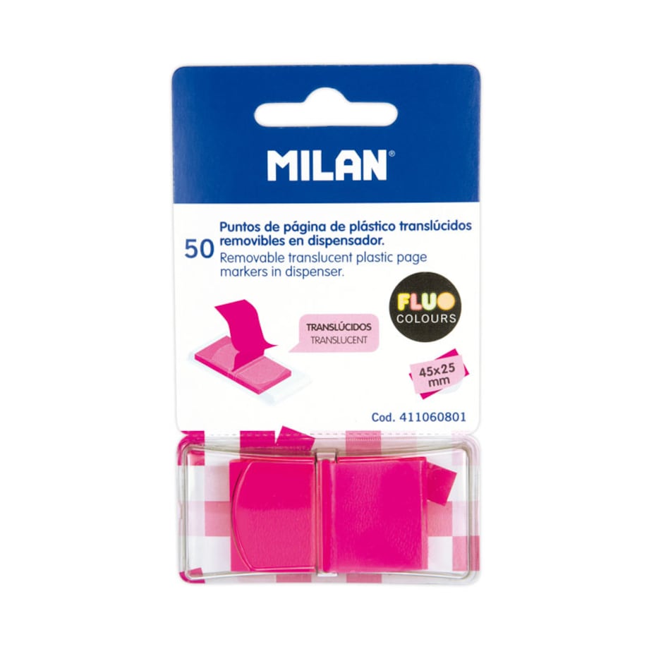 Zakładki indeksujące przezroczyste MILAN FLUO różowe, 45 x 25 mm, 50 szt.