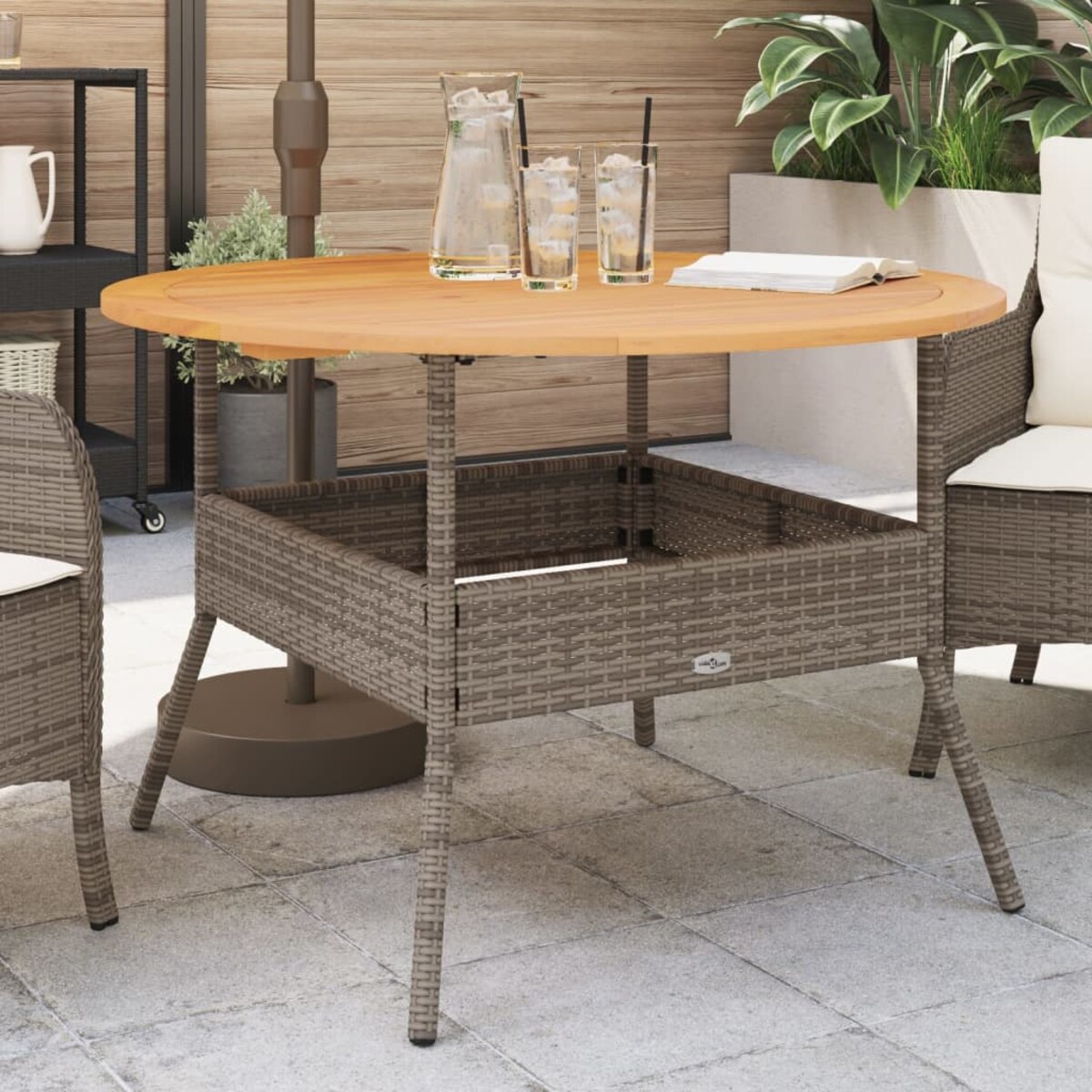 vidaXL Stół ogrodowy z akacjowym blatem, szary, Ø110x71 cm, rattan PE
