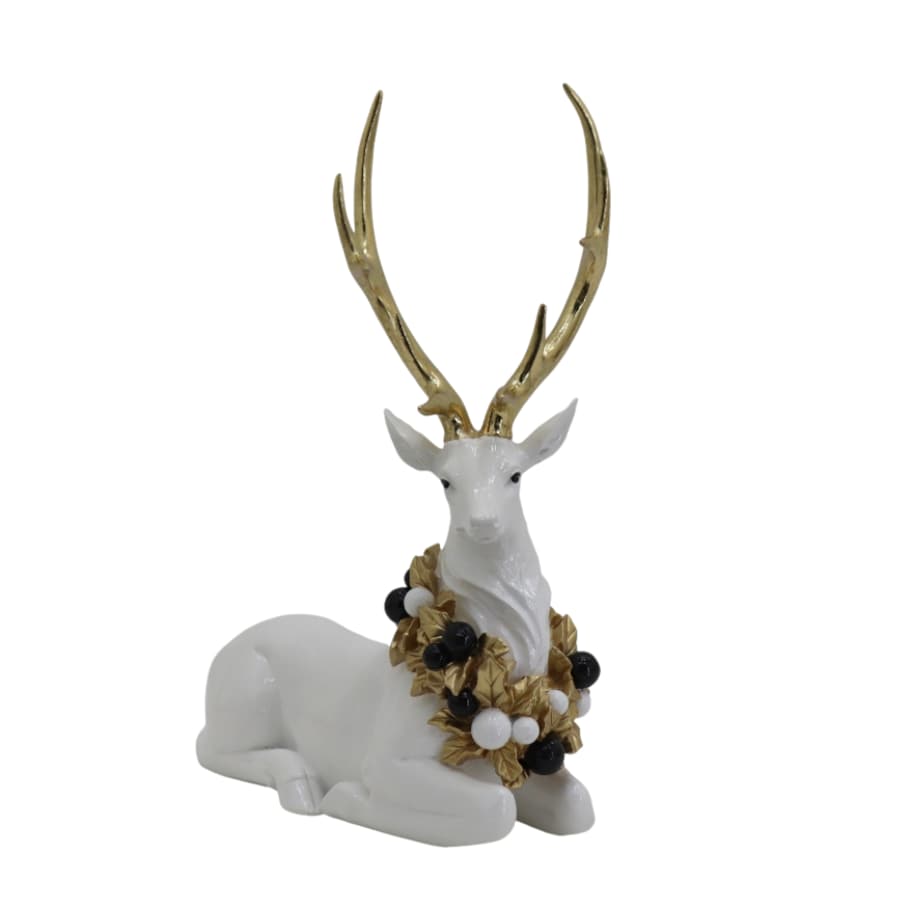 Figurka - Biały renifer 34,5x25,5x12 cm leżący ze złotym porożem
