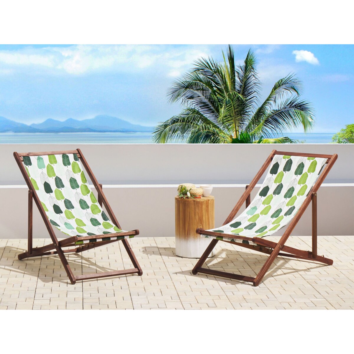 Zestaw 2 leżaków ogrodowych ciemne drewno akacjowe wzór w liście zielony ANZIO