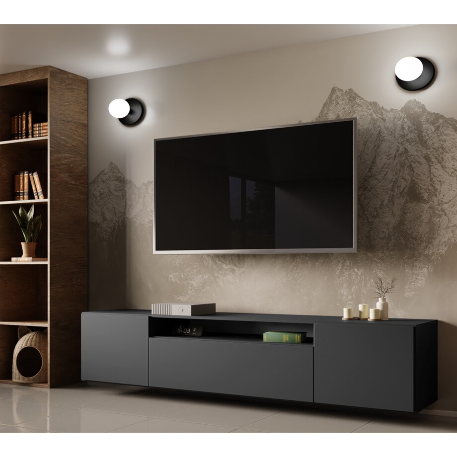Szafka RTV LION 200cm wisząca, do pokoju gościnnego, proste fronty- grafit