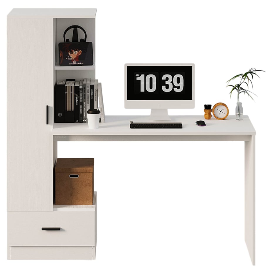 Biurko komputerowe z regałem do biura pokoju biały nowoczesne loft 142 cm