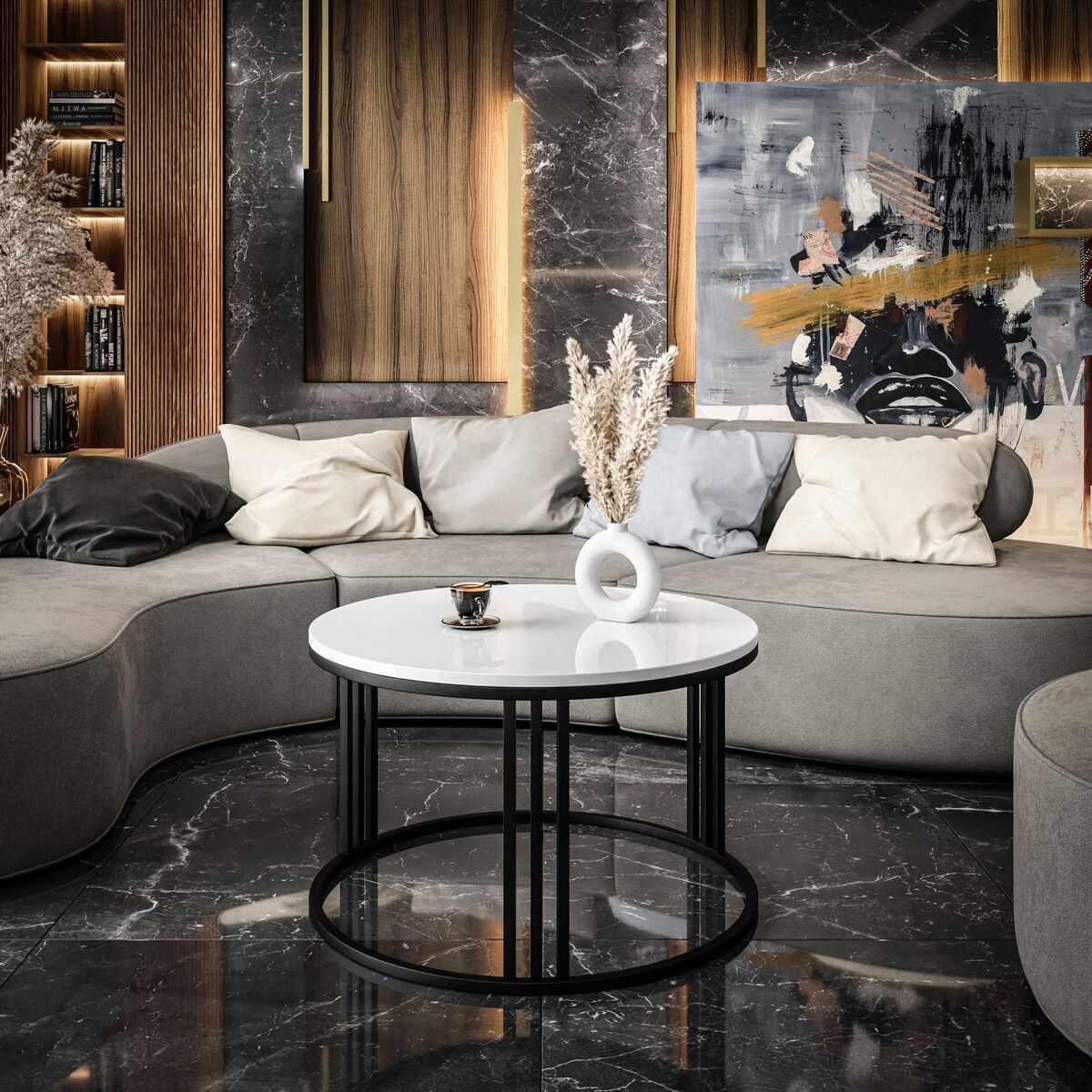 Okrągły stolik kawowy LORI czarny biały połysk