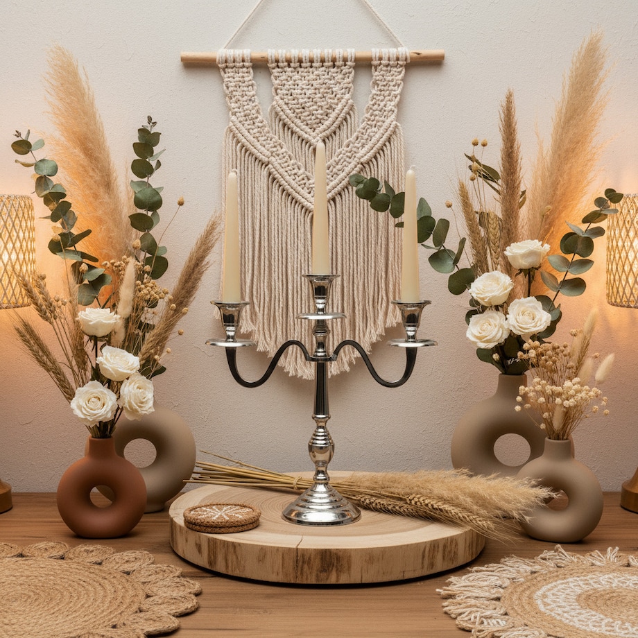 Świecznik trójramienny, srebrny, 30 cm