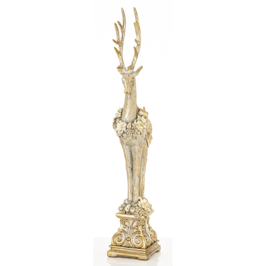 Figurka - złoty jeleń z wieńcem i kokardą 52,5x16x9 cm stojący na postumencie