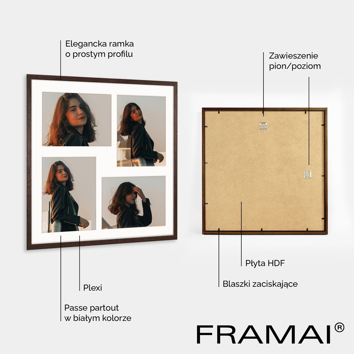 Ramka na zdjęcia 4x 13x18 cm brązowa galeria zdjęć multirama collage 40x40 cm FRAMAI