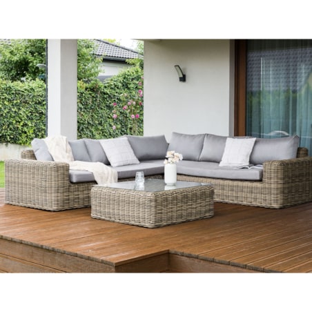 Narożnik ogrodowy z otomaną dla 6 osób PALERMO Modułowy Technorattan Jasnobrązowy