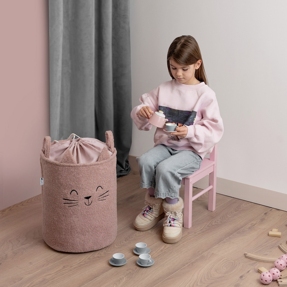 kosz na zabawki sipo, wersja premium boucle, zamykany na ściągacz, różowy kot, xl