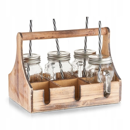 Komplet 6 x Szklany Słoik ze Słomką na Napoje Skrzynka Taca na Piknik Zeller