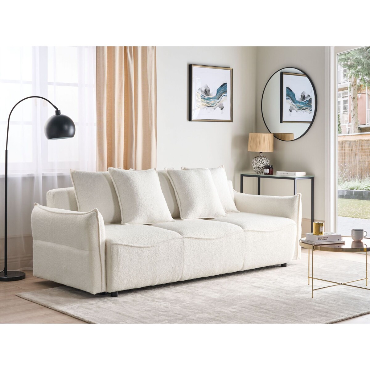 Sofa rozkładana z pojemnikiem boucle biała KRAMA