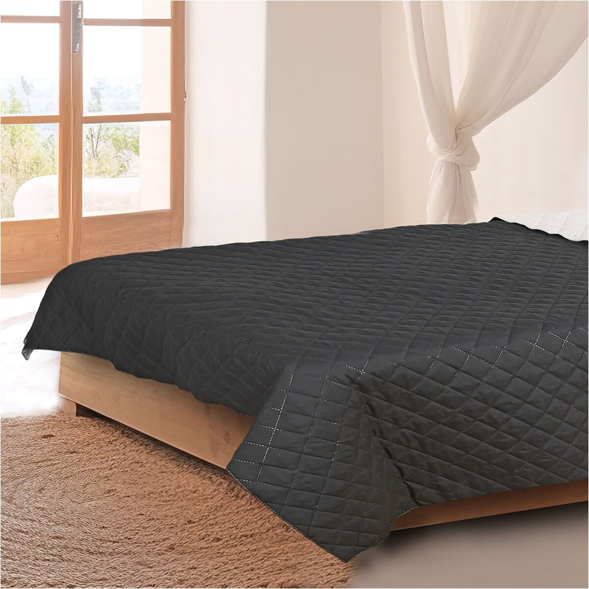 Narzuta Na Łóżko Kanapę Na Plażę Pikowana 220X240 Cm Biało-Czarna