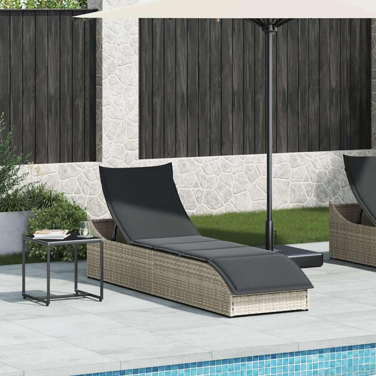 vidaXL Składany leżak z poduszką i schowkiem, jasnoszary, polirattan