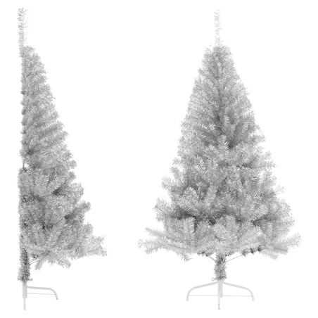 vidaXL Sztuczna choinka połówka ze stojakiem, srebrna, 120 cm, PET