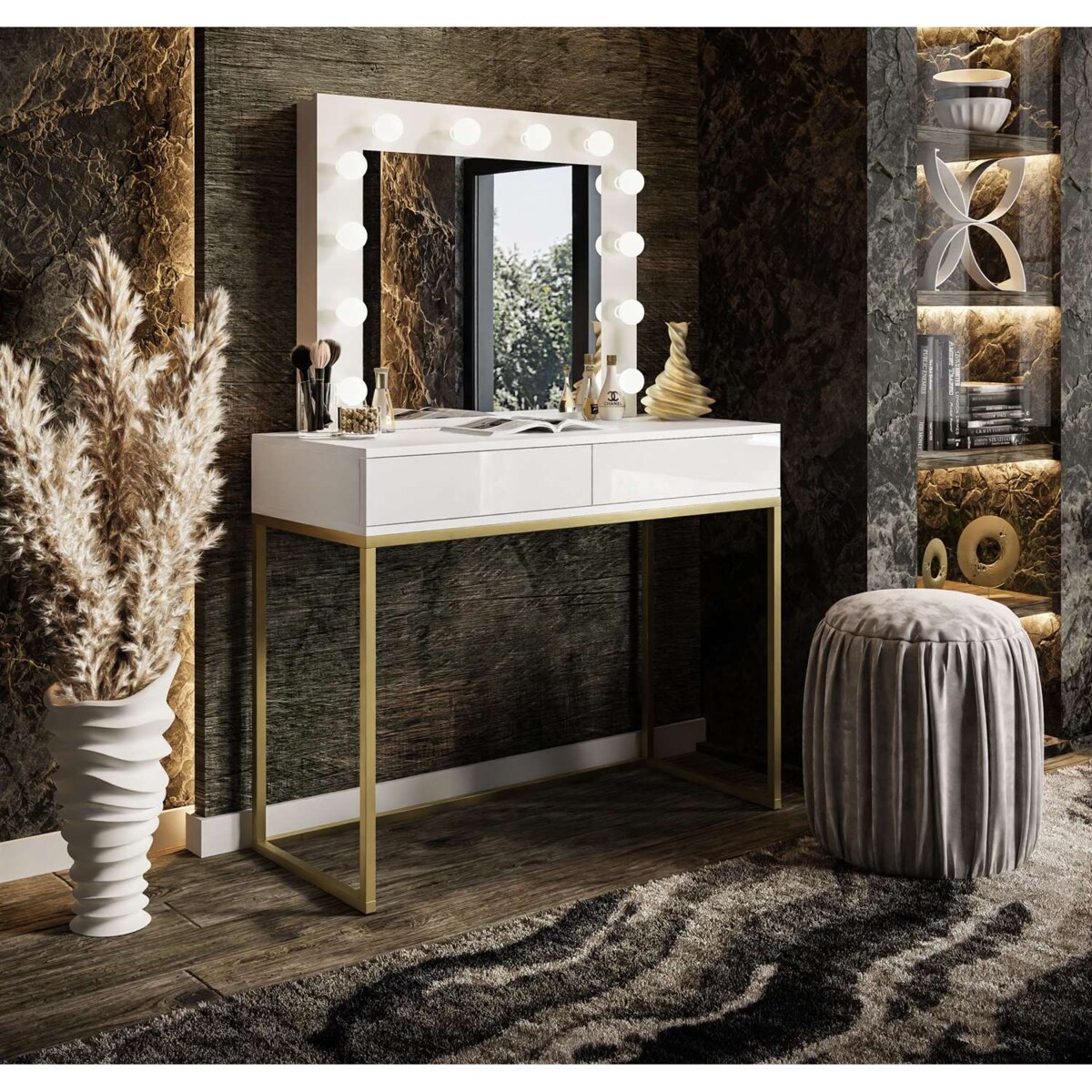 Toaletka BLANCO GOLD 100x42x81 cm, biała wysoki połysk z złotymi detalami