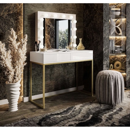 Toaletka BLANCO GOLD 100x42x81 cm, biała wysoki połysk z złotymi detalami