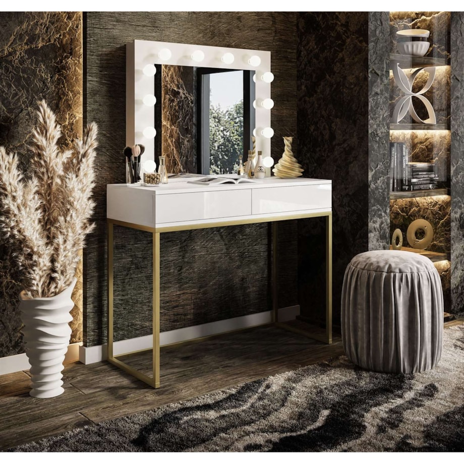 Toaletka BLANCO GOLD 100x42x81 cm, biała wysoki połysk z złotymi detalami