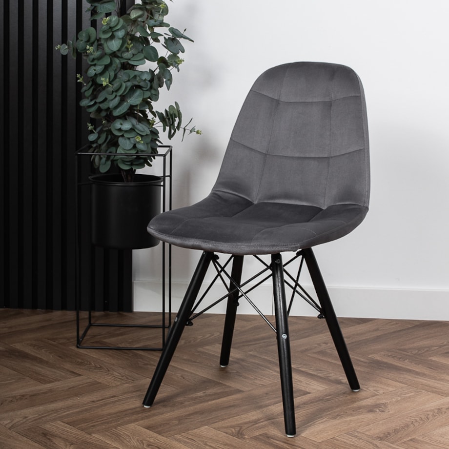 Krzesło skandynawskie tapicerowane szare nowoczesne welurowe pikowane