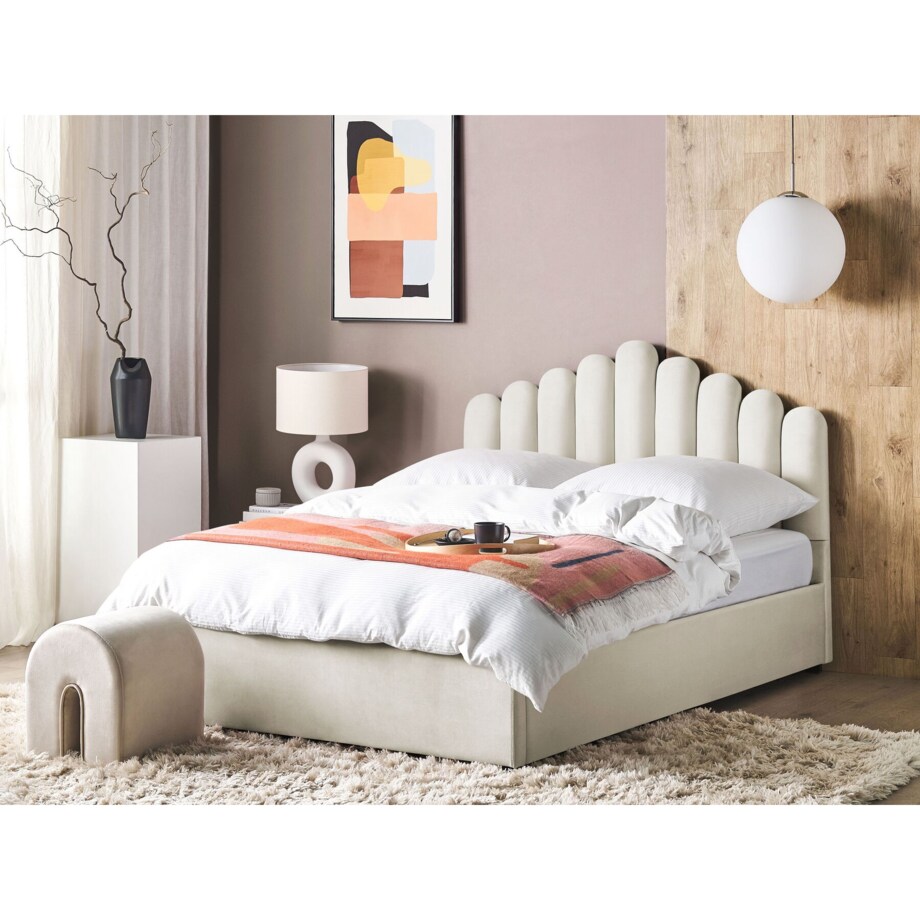 Łóżko z pojemnikiem welurowe 180 x 200 cm złamana biel VINCENNES