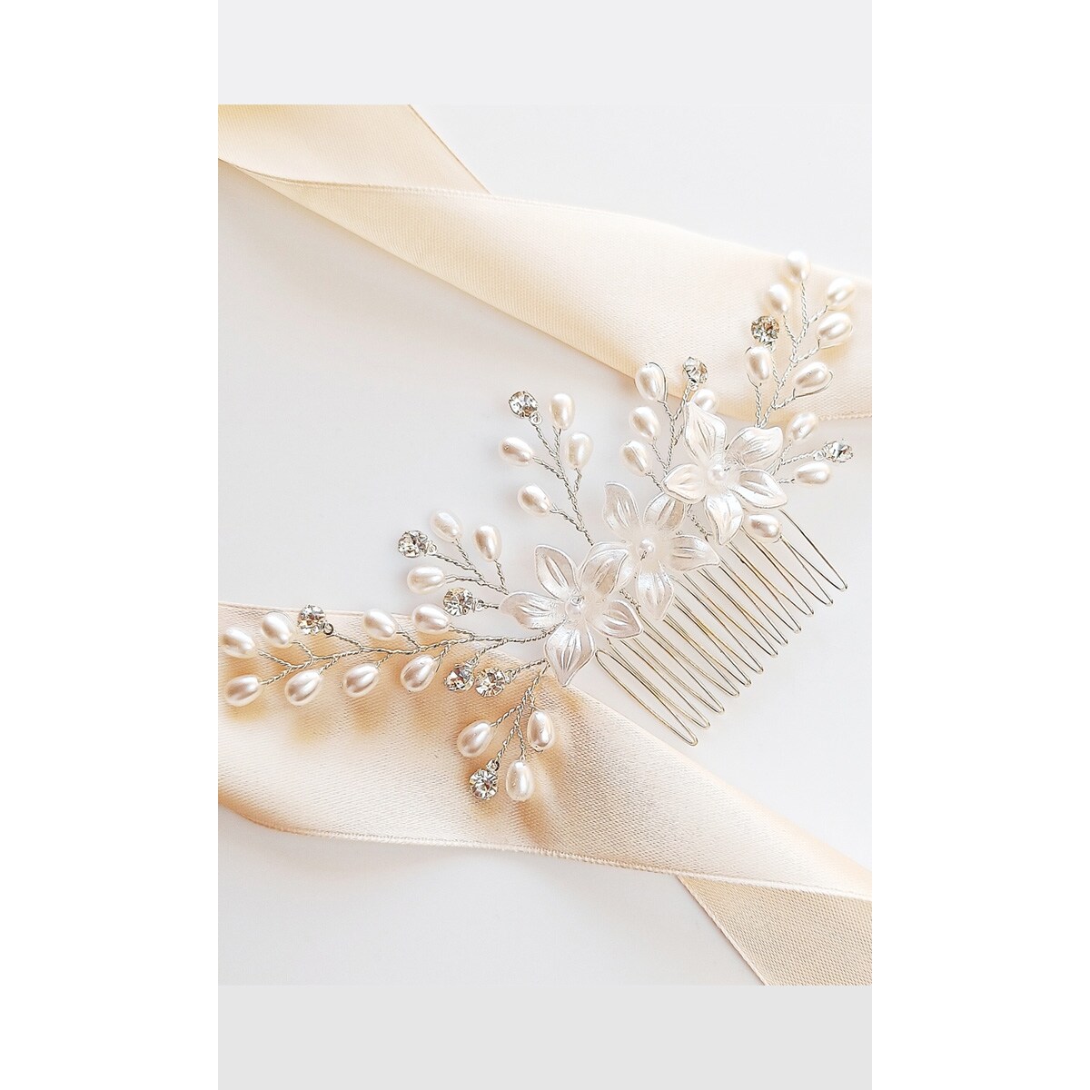 Grzebyk ślubny srebrny z kwiatami PERŁAMI cyrkoniami włosy