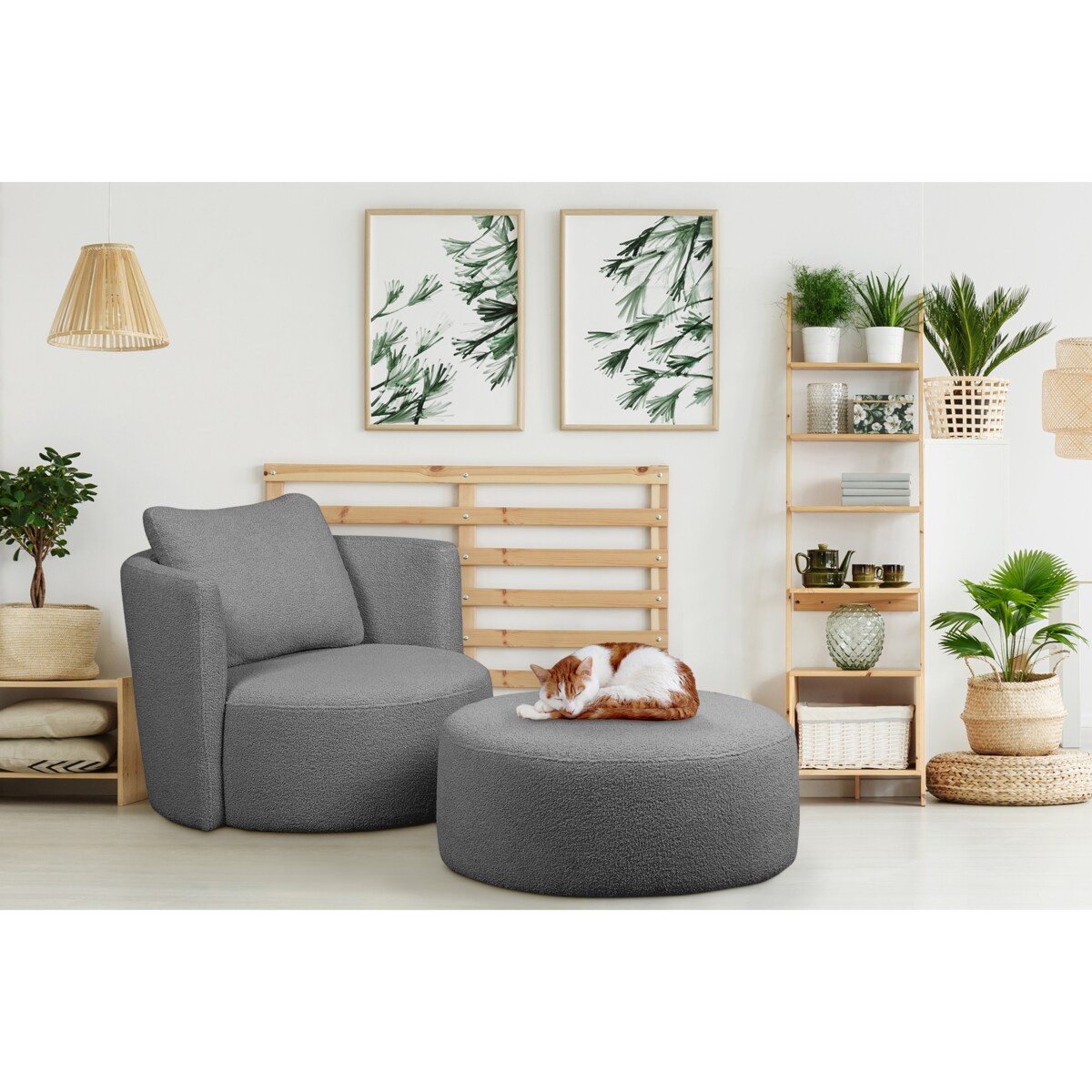 KONSIMO RAGGI Fotel i puf obrotowy baranek ciemnoszary baranek