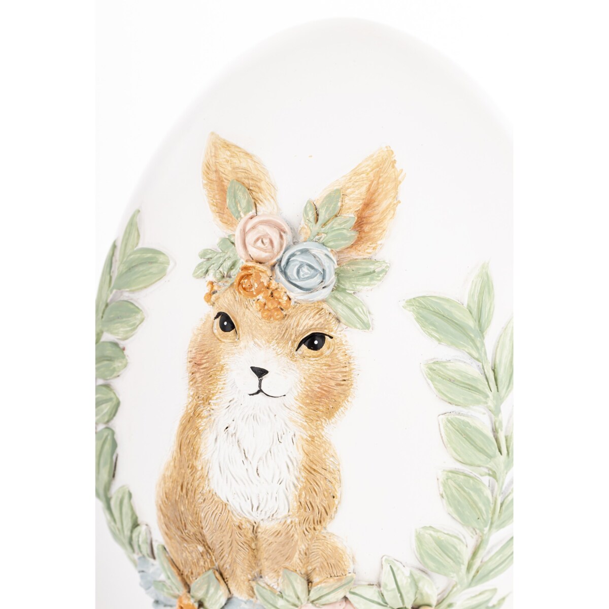 Dekoracja - jajko ozdobne 18x13x13 cm PISANKA biała z króliczką i kwiatami
