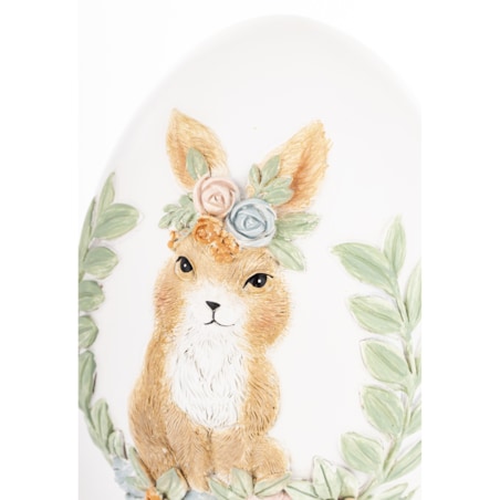 Dekoracja - jajko ozdobne 18x13x13 cm PISANKA biała z króliczką i kwiatami