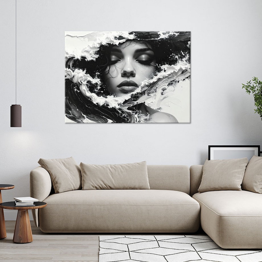 Obraz do salonu, Portret kobiecy czarno biały w stylu artystycznym fale morskie 45x30 cm