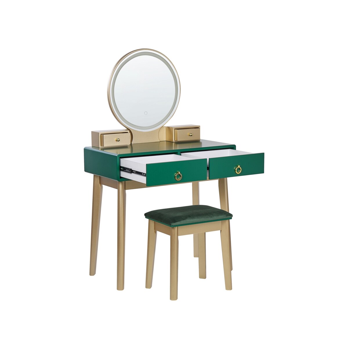 Toaletka 4 szuflady lustro LED ze stołkiem zielono-złota FEDRY