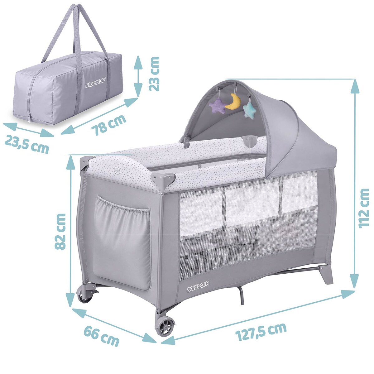 Łóżeczko turystyczne dla dziecka składane podróżne kojec Ricokids + materac + torba