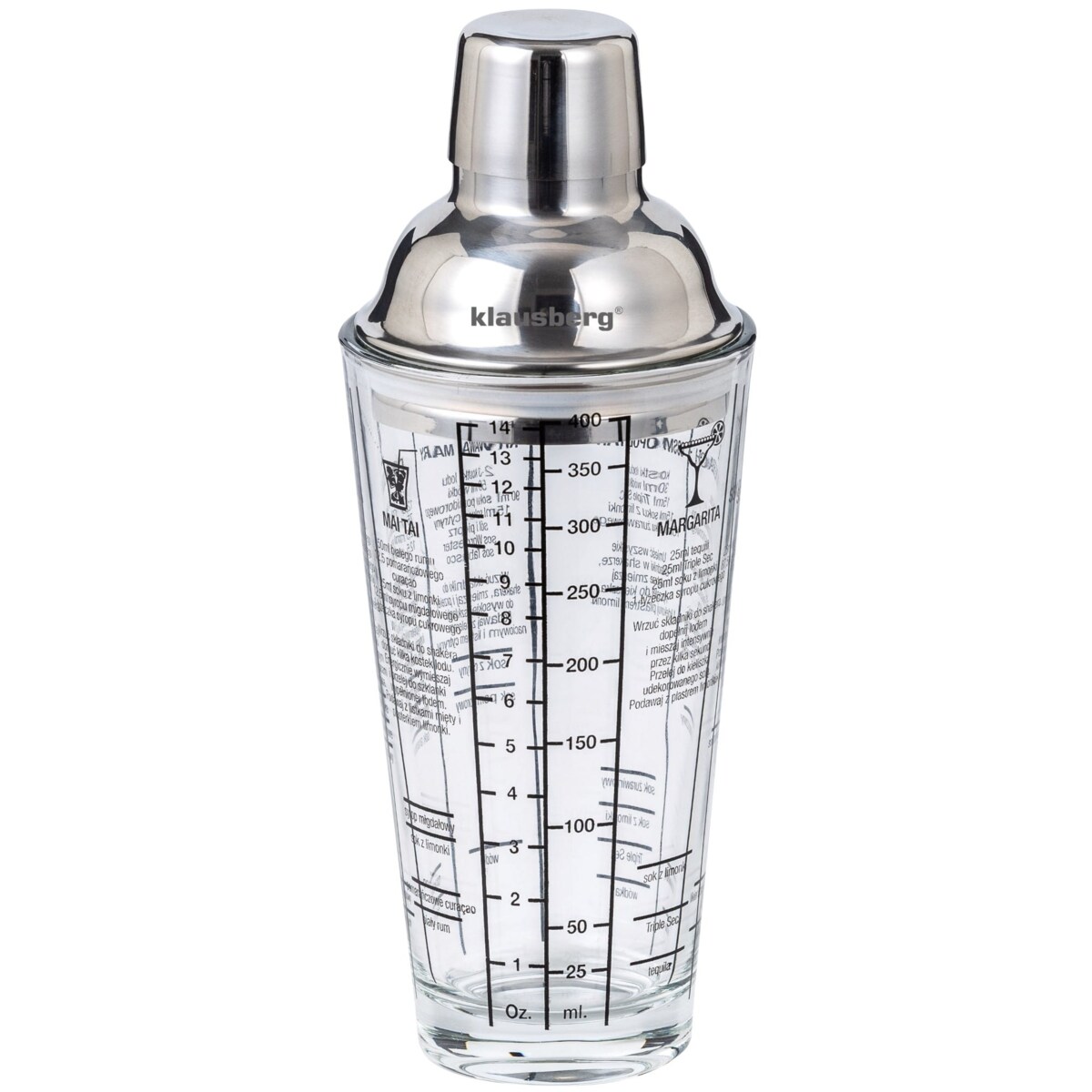 Shaker do drinków koktajli z przepisami barmański szklany 400ml KLAUSBERG