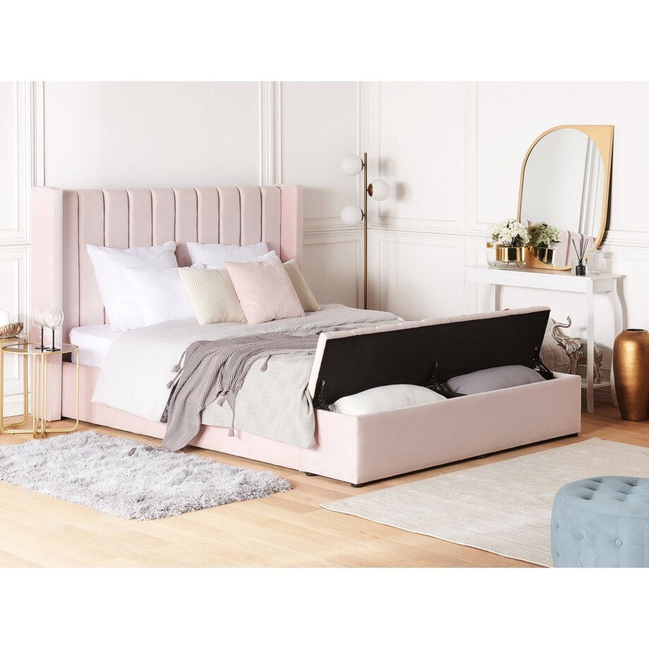 Łóżko welurowe z ławką 160 x 200 cm pastelowy róż NOYERS