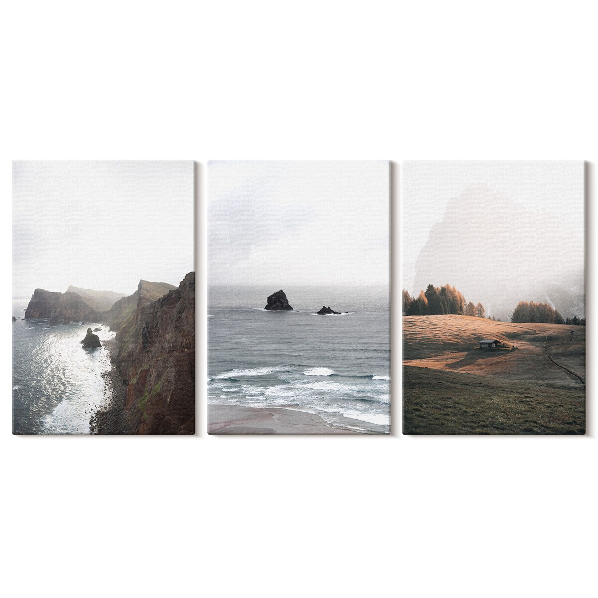 Zestaw 3 małych obrazów na płótnie - Krajobrazy gór i morza - szary